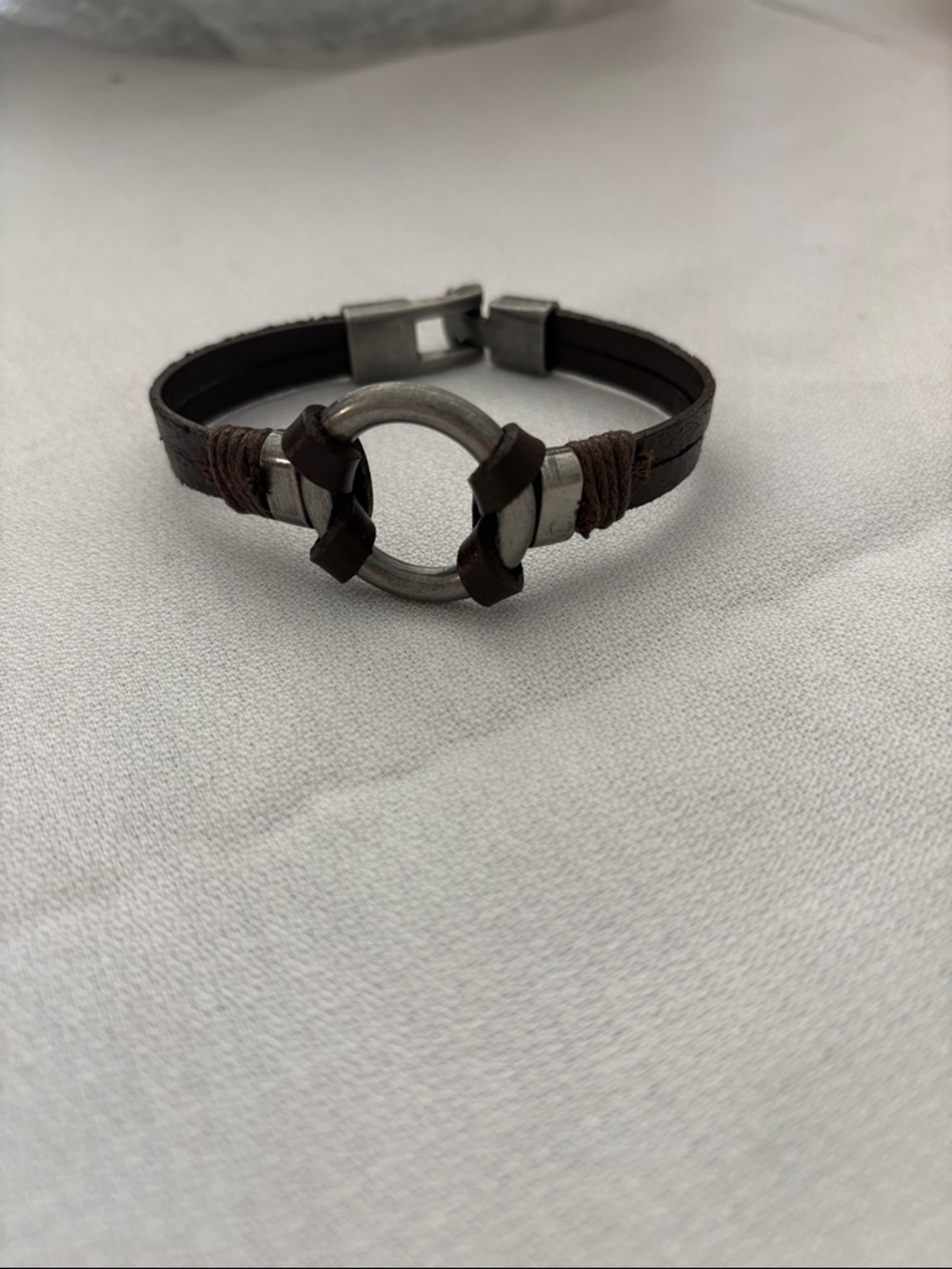 Men's Brown Leather Bracelet with Silver Ring Accent